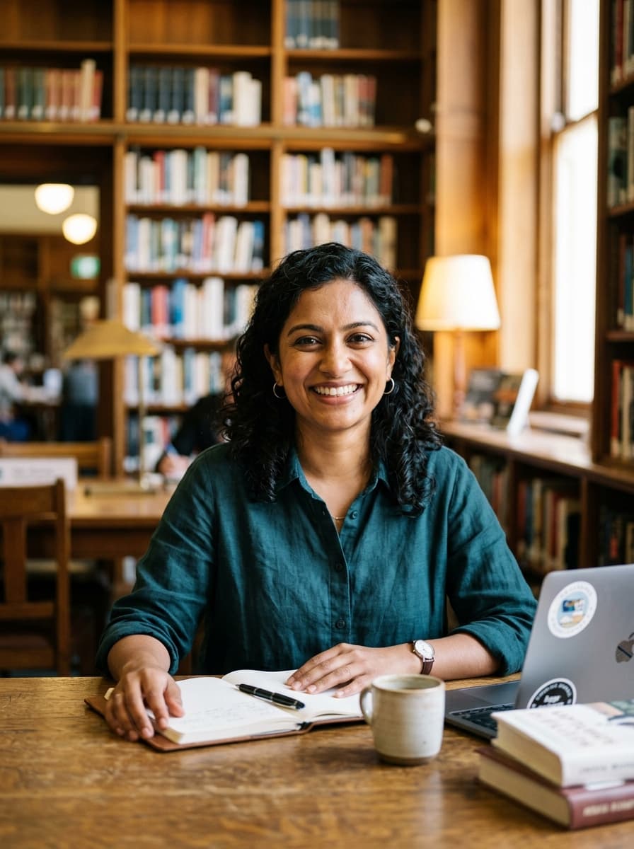 Maya Patel reading in a sunlit library